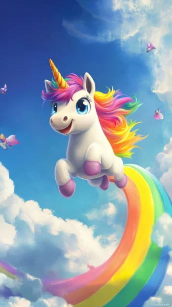 Vertical iPhone composition showing a baby unicorn jumping through a rainbow loop.