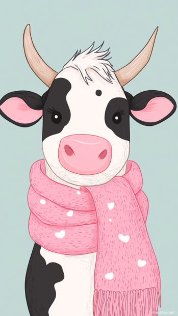 Vertical kawaii cow with pink scarf blinking sweetly.