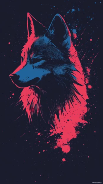 Vertical minimalist wolf form created from a single gradient stroke with ink splashes behind.