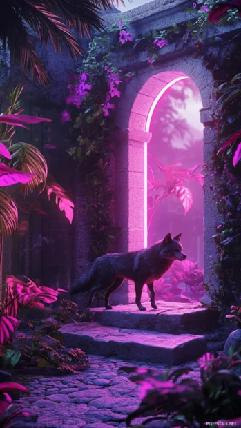Vertical neon scene where a small wolf walks through glowing vines and luminous stones.