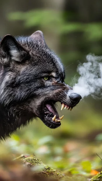 Vertical scene of a black wolf snarling with steam rising from its nostrils.