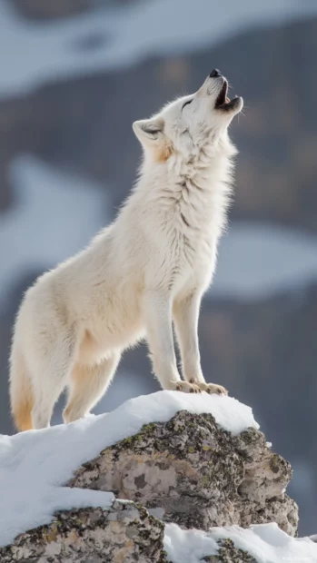 Vertical scene showing a cub watching its elder howling on a high peak.