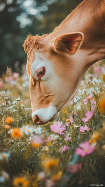 Vertical shot of cows profile surrounded by wildflowers.
