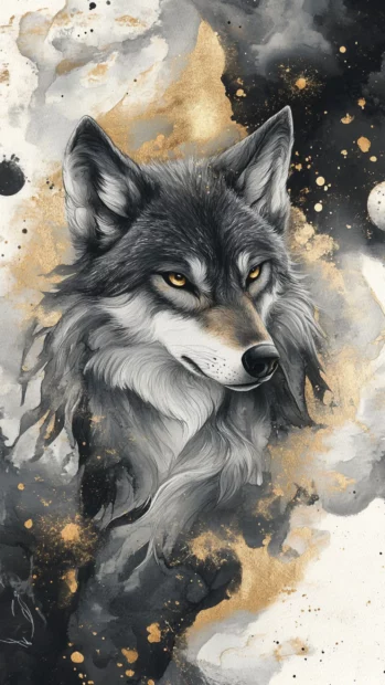 Vertical watercolor of a mystical wolf surrounded by gold and ink accents.