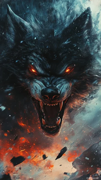 Vertical wolf close up in wild storm.
