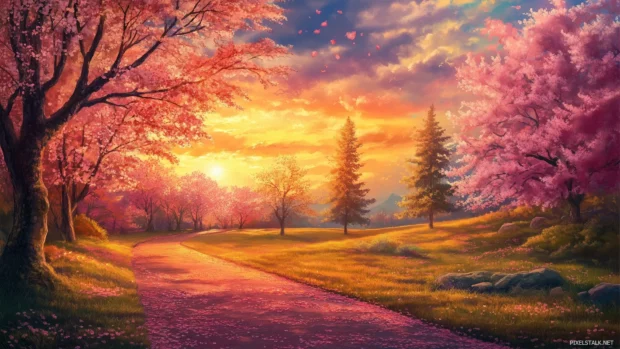 Vibrant Anime sky, cherry blossoms gently fall, warm glowing sun sets over peaceful park.