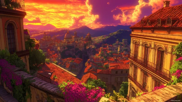 Vibrant Anime sky, sunset, rich orange pink and purple blend into horizon.