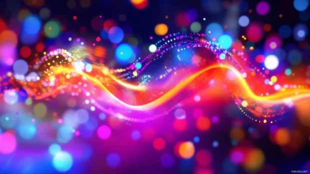 Vibrant and colorful visualization of sound waves in motion, blending bright neon colors with fluid, abstract patterns.