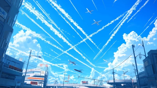 Vibrant blue sky, jet trails crisscross above, create geometric patterns.