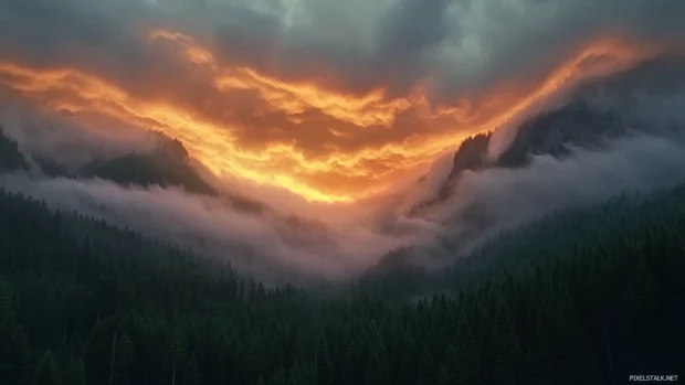 Vibrant clouds float over dawn touched mountain forests.