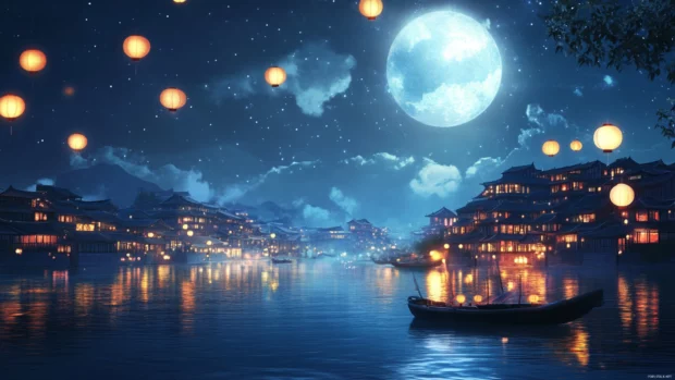 Vibrant cultural district glowing under moonlight, night city wallpaper 4k ready.