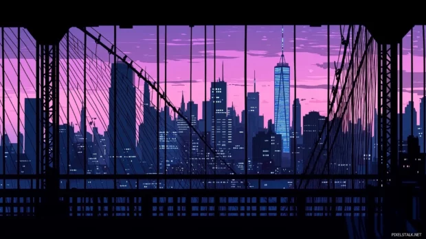 Vibrant dawn sky over New York City skyline, towering skyscrapers from Brooklyn Bridge.