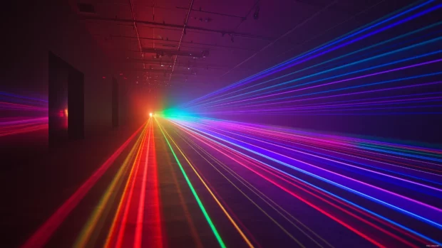 Vibrant laser beams crisscrossing in a foggy room, creating an electrifying spectrum of colors.