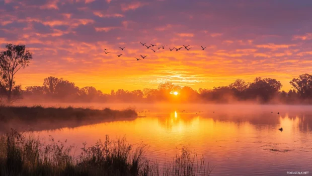 Vibrant morning scene with birds flying through sunrise light.