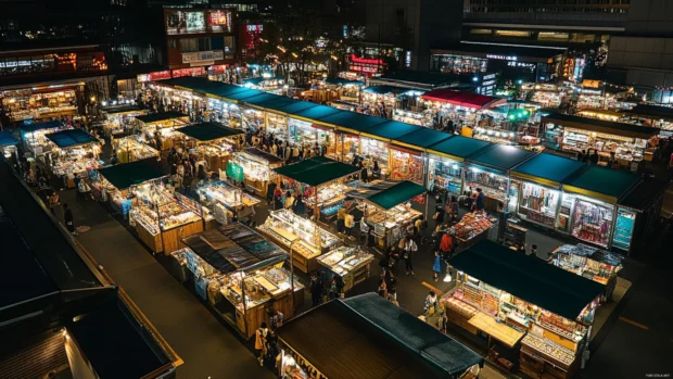 Vibrant night markets come alive within the Tokyo Cityscape.