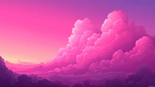 Vibrant pink sunset sky, cotton candy clouds, shifts from soft pink to deep magenta.