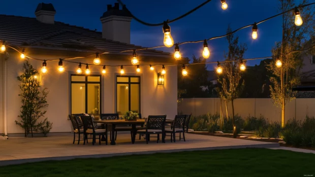 Vibrant string lights hanging across a cozy backyard patio, with warm golden tones and a soft bokeh effect(2).