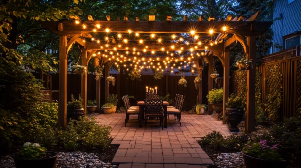 Vibrant string lights hanging across a cozy backyard patio, with warm golden tones and a soft bokeh effect(3).