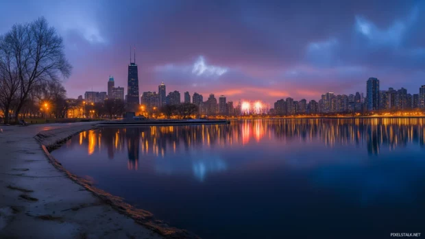 Vibrant summer Chicago skyline, Grant Park lush greenery, clear blue sky above.