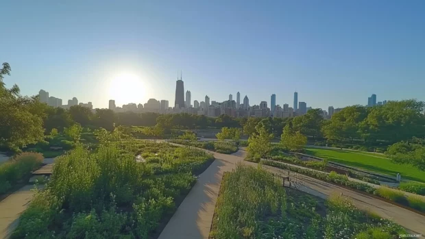 Vibrant summer Chicago skyline, lush Grant Park greenery in foreground, clear blue sky.