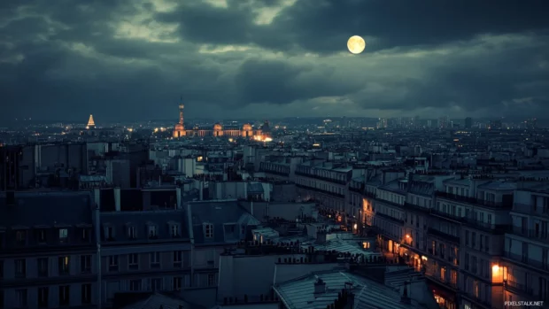 View from rooftop capturing Dark City Wallpaper ambience, moonlight and shadows.