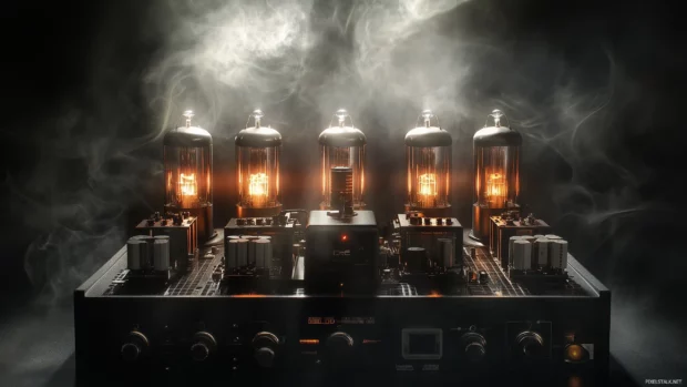Vintage amplifier glowing tubes intense image dark moody lighting and smoke atmospheric heavy metal vibe.