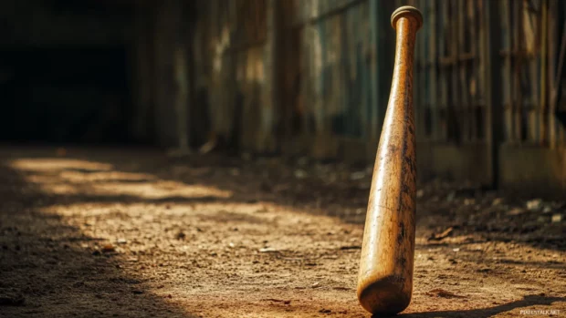Vintage baseball bat wallpaper, Old style baseball bat standing upright on a dirt base path with nostalgic lighting.