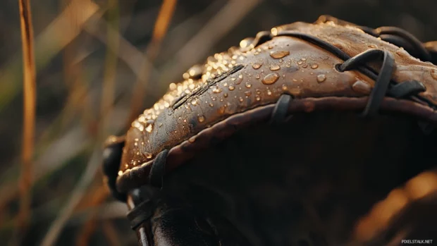Vintage baseball glove catching morning dew.