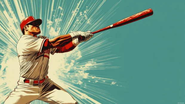 Vintage comic book style illustration of a baseball player mid swing, dramatic halftone shading, and action lines.