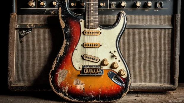 Vintage electric guitar close up resting against stack of amplifiers warm lighting moody and gritty rock atmosphere.