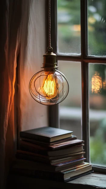 Vintage lamp casting soft Light onto books.