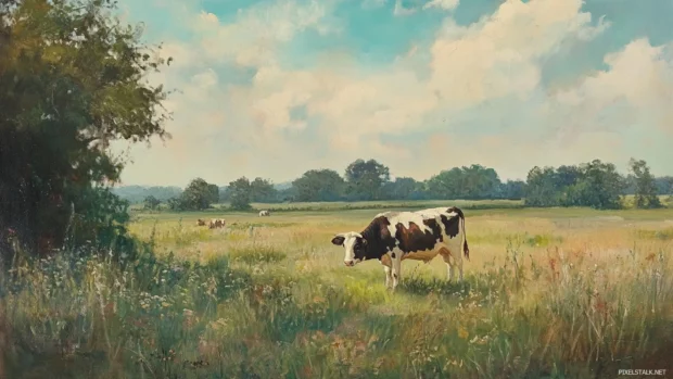 Vintage oil painting of a peaceful cow scene.