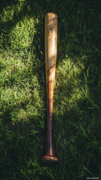 Vintage style baseball bat lying on grass with shadows.