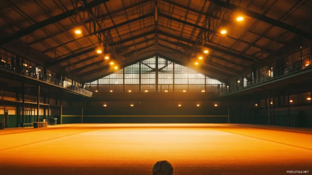 Vintage style baseball stadium with warm lighting and nostalgic feel.