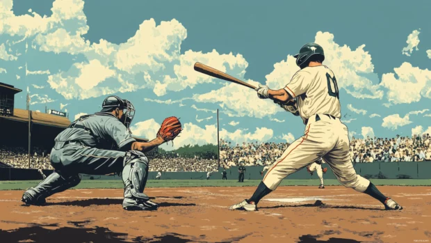 Vintage style illustration of a baseball game in progress.