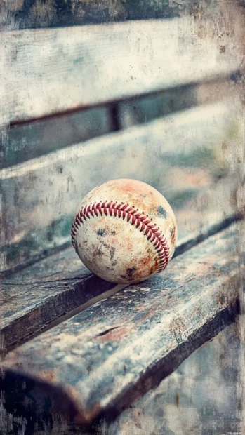 Vintage watercolor painting of a baseball on a wooden bench, faded textures and warm nostalgic tones.