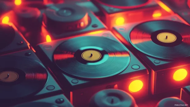 Vinyl records scattered beside glowing speakers.