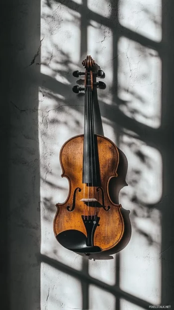 Violin in dramatic close up with shadows and light.
