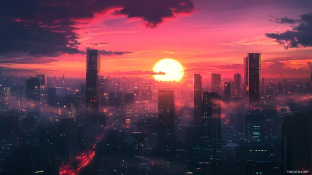 Vivid colors highlighting architecture in a sunrise wallpaper with city skyline.