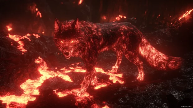 Volcanic wolf scene with glowing fissures and fiery terrain.