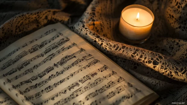 Warm ambient light highlighting corner of sheet music.