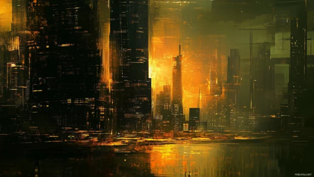 Warm golden light on Chicago skyline at sunrise, colors reflected in Lake Michigan.