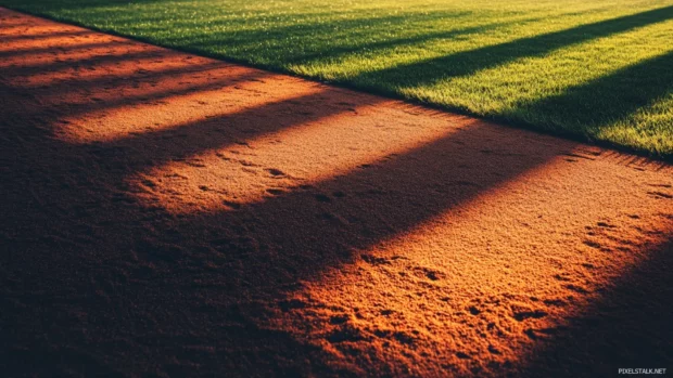 Warm morning sunlight casting shadows over field in baseball stadium.