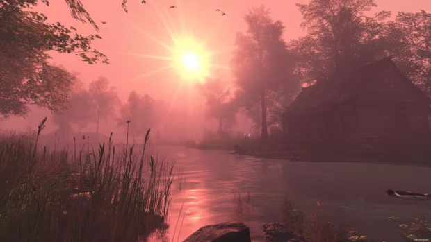 Warm pink sky, sun rays pierce clouds, soft glow on peaceful landscape.