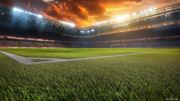 Warm toned stadium seats during an early evening match.