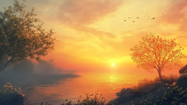 Watch nature awaken in a stunning Sunrise Wallpaper with Lake view.