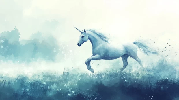 Watercolor Unicorn wallpaper showing a unicorn galloping through a misty watercolor field.