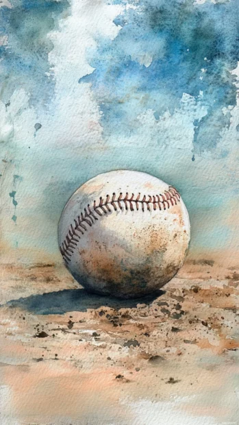 Watercolor painting of a baseball resting on a field, blending soft blues, greens, and warm earthy tones.