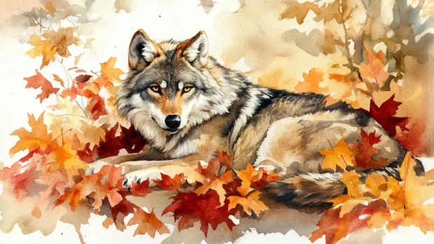 Watercolor painting of a wolf resting among autumn leaves.