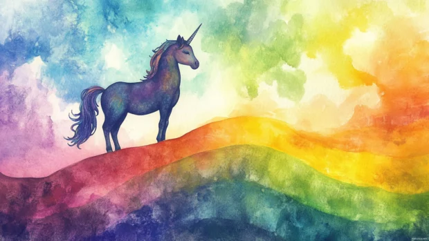 Watercolor pastel unicorn art where a unicorn stands atop a rainbow hill.